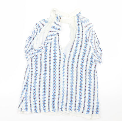 Back view of Cameo Rose women’s blue geometric basic blouse, size UK 12