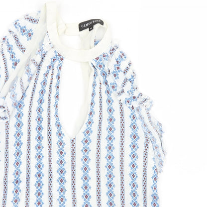 Close-up detail of Cameo Rose women’s blue geometric basic blouse, size UK 12