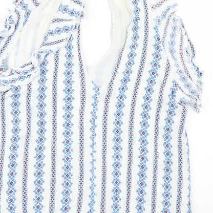 Brand and care label for Cameo Rose women’s blue geometric basic blouse, size UK 12