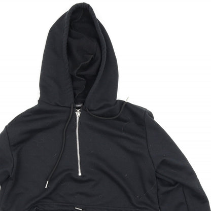 Close-up detail of I SAW IT FIRST women’s black pullover hoodie, size UK 6