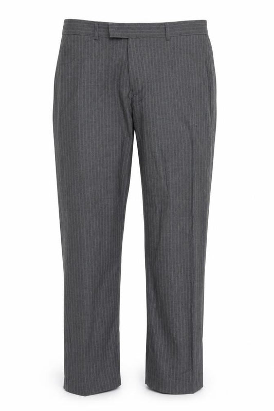 Front view of Debenhams men’s grey striped dress pants trousers, size 36, in, 28-inch leg