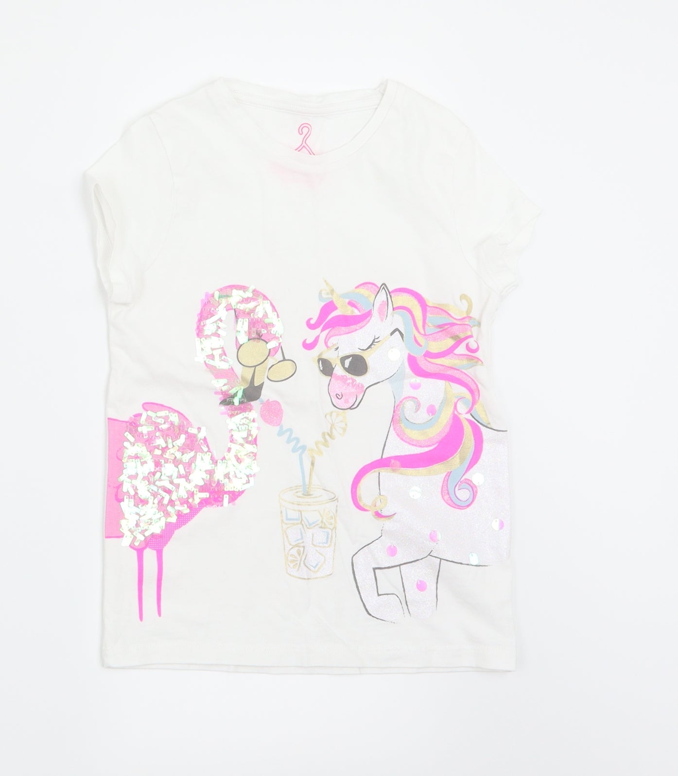 F&F Girls White   Basic T-Shirt Size 5-6 Years  - Unicorn Flamingo