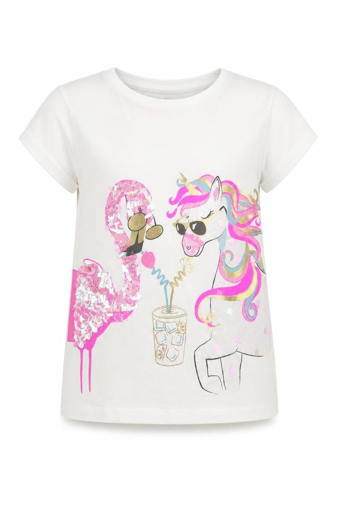 F&F Girls White   Basic T-Shirt Size 5-6 Years  - Unicorn Flamingo