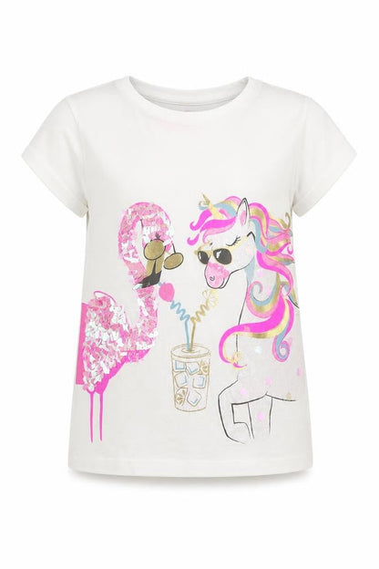Front view of F&F girls’ white basic t-shirt, size 5-6, years - unicorn flamingo