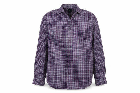 Front view of EWM men’s purple striped woven button-up, size M