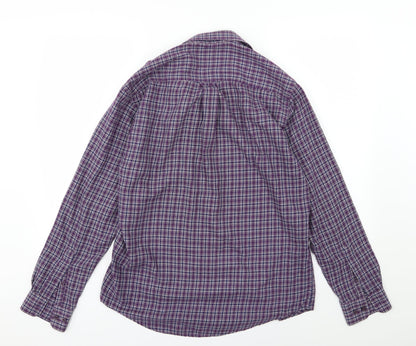 Back view of EWM men’s purple striped woven button-up, size M
