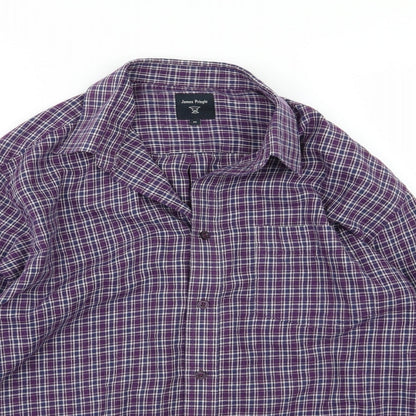Close-up detail of EWM men’s purple striped woven button-up, size M