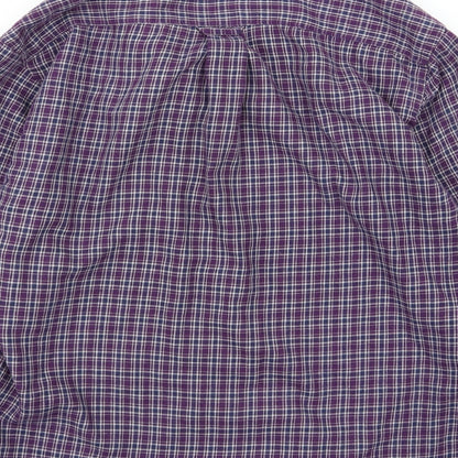 Brand and care label for EWM men’s purple striped woven button-up, size M