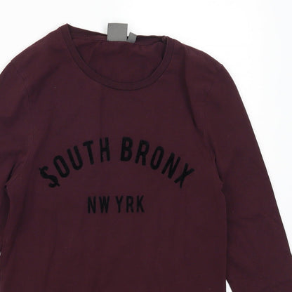 Close-up detail of ASOS women’s purple basic t-shirt, size S, - south bronx nw yrk