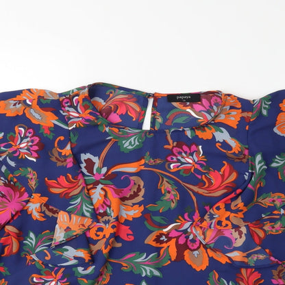 Close-up detail of Papaya women’s blue floral basic blouse, size UK 14