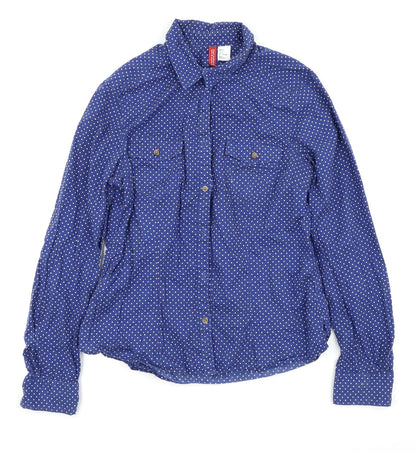Additional front view of Divided by H&M women’s blue polka dot basic button-up, size UK 8