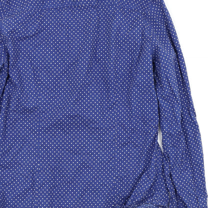 Brand and care label for Divided by H&M women’s blue polka dot basic button-up, size UK 8