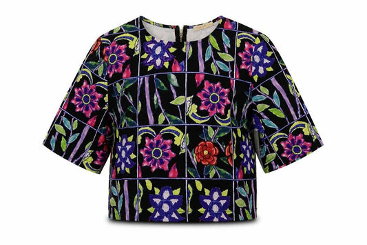 Front view of Double 11 women’s black floral basic t-shirt, size S