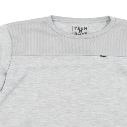 Close-up detail of teen boys’ boys grey pullover sweatshirt, size 13, years