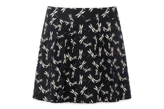 Front view of Preworn women’s black geometric flare skirt, size UK 30, in