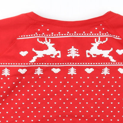 Close-up detail of H&M women’s red pullover sweatshirt, size M