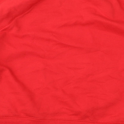 Brand and care label for H&M women’s red pullover sweatshirt, size M