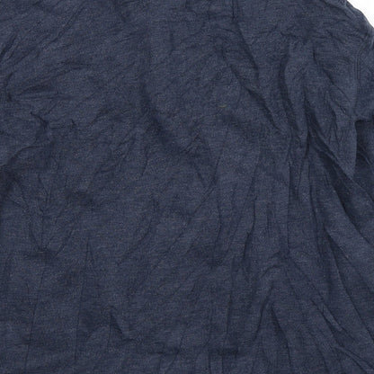 Brand and care label for Arrow men’s blue pullover sweatshirt, size S