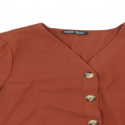 Close-up detail of SHEIN Shien women’s brown basic blouse, size XS
