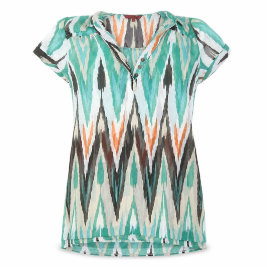 Front view of John Richmond women’s multicoloured geometric tunic blouse, size UK 12