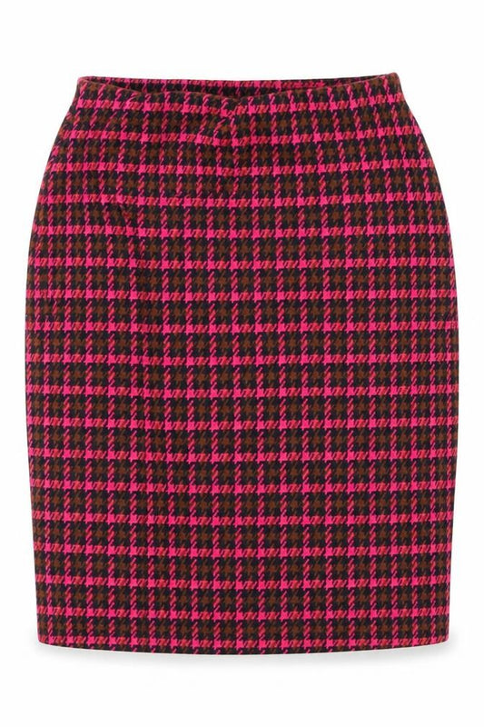 Front view of New Look women’s pink plaid a-line skirt, size UK 8
