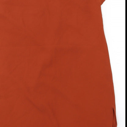 Brand and care label for New Look women’s orange basic blouse, size UK 8