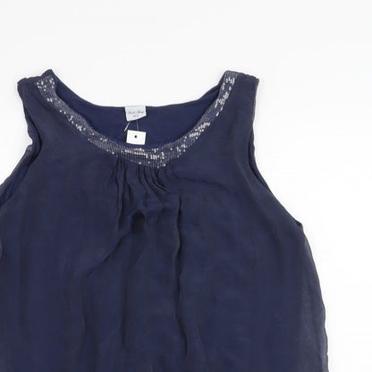 Close-up detail of Stock Shop women’s blue basic tank, size M
