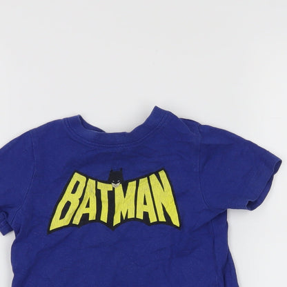 Close-up detail of Batman boys’ blue basic t-shirt, size 18-24, months