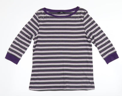 Front view of Bonmarché women’s purple striped jumper, size M