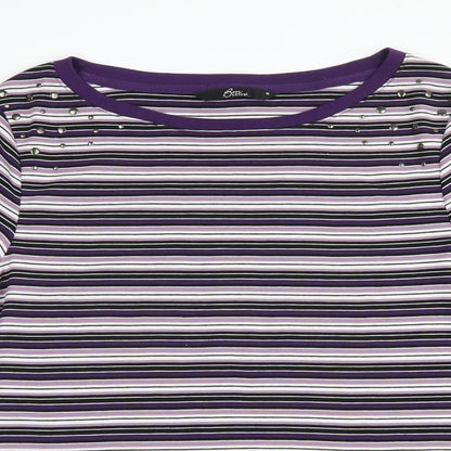 Close-up detail of Bonmarché women’s purple striped jumper, size M