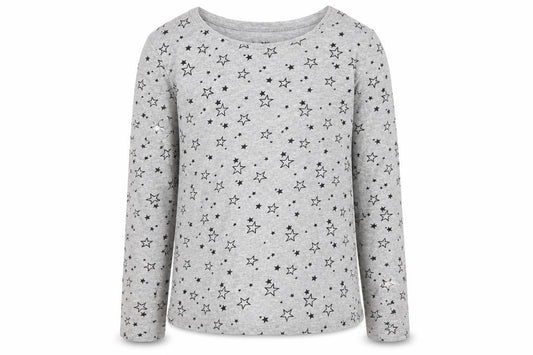 Front view of Primark girls’ grey basic t-shirt, size 8-9, years - star pattern