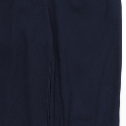 Close-up detail of Next women’s blue trousers, size UK 34, in, 27-inch leg