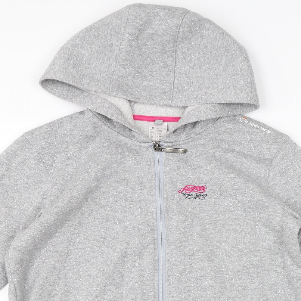 Close-up detail of Decathlon girls’ grey full zip hoodie, size 12-13, years