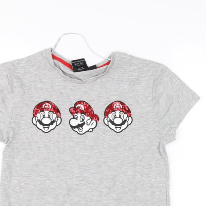 Close-up detail of Primark women’s grey basic t-shirt, size UK 4, - super mario