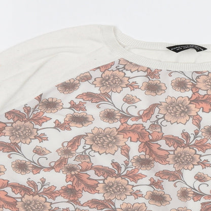 Close-up detail of Dorothy Perkins women’s white floral knit jumper, size UK 14, - chiffon front