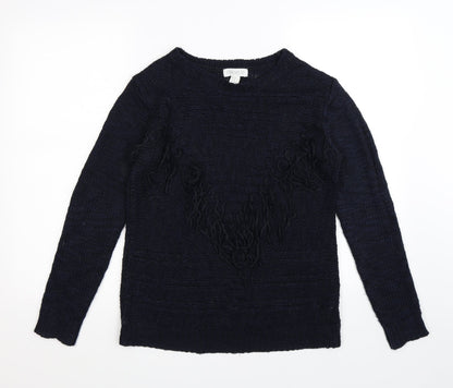 Front view of Forever 21 women’s blue knit jumper, size M, - tassel front