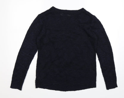 Back view of Forever 21 women’s blue knit jumper, size M, - tassel front