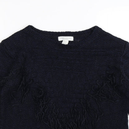 Close-up detail of Forever 21 women’s blue knit jumper, size M, - tassel front