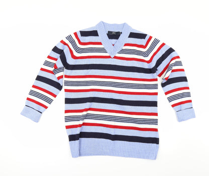 Front view of EWM women’s blue striped jumper, size M