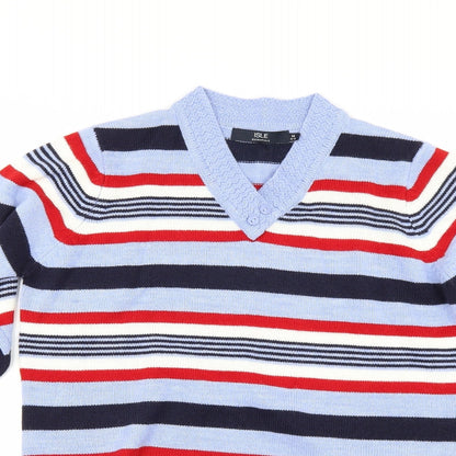 Close-up detail of EWM women’s blue striped jumper, size M