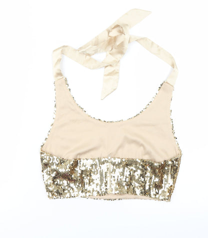 Back view of Boohoo women’s gold basic blouse, size XS