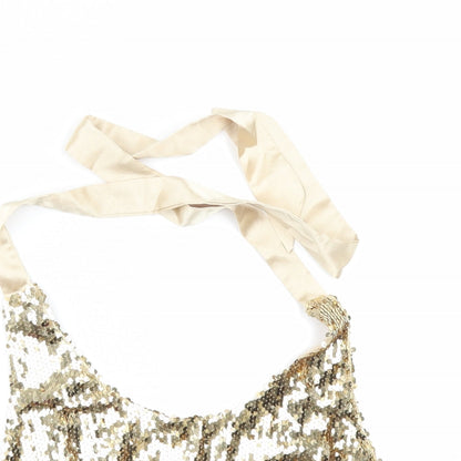 Close-up detail of Boohoo women’s gold basic blouse, size XS