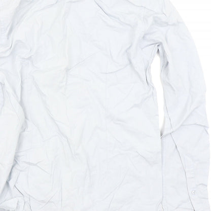 Brand and care label for ASOS men’s blue dress shirt, size S