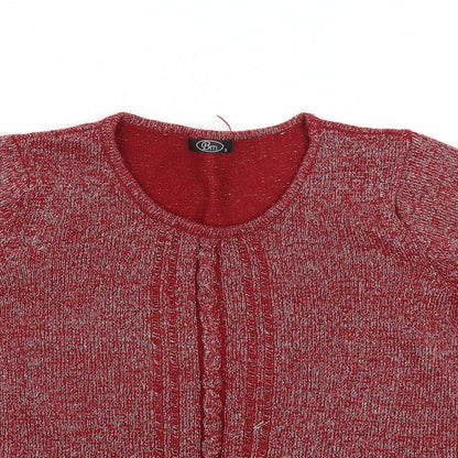Close-up detail of Bonmarché women’s red jumper, size S, - glittery