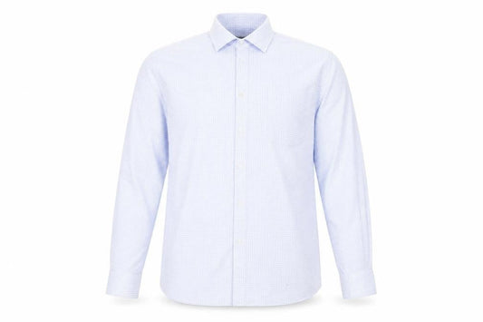 Front view of Tu men’s blue check button-up, size 17
