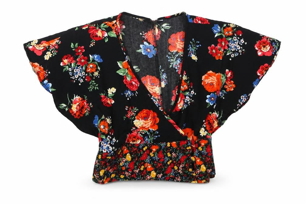New Look Womens Black Floral  Cropped T-Shirt Size 6