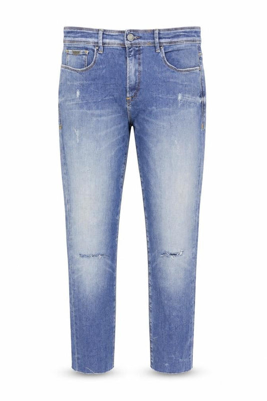 Front view of Salsa men’s blue denim tapered jeans, size 30, 27-inch leg