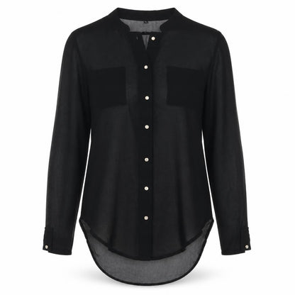 Front view of Preworn women’s black basic button-up, size S