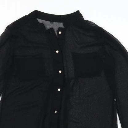 Close-up detail of Preworn women’s black basic button-up, size S
