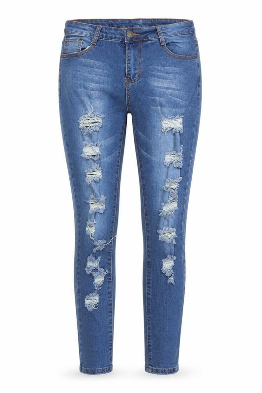 Front view of women’s blue denim skinny jeans, size UK 32, in, 29-inch leg